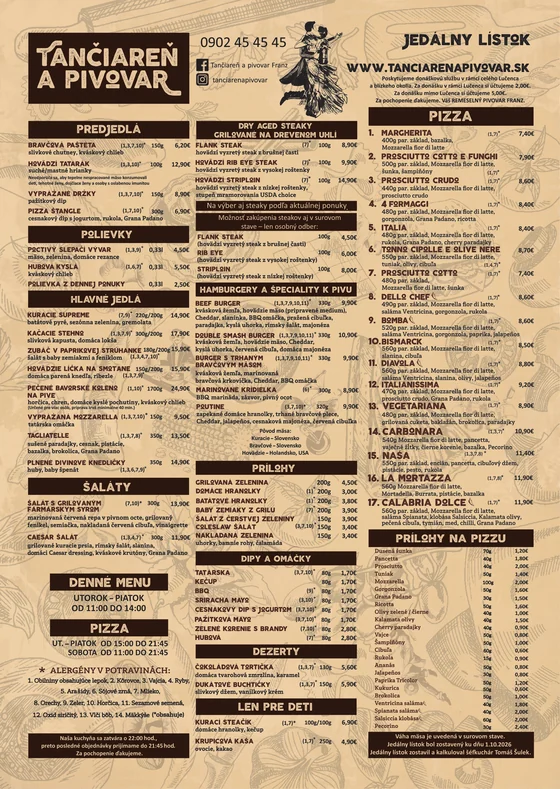 Jedálny lístok à la carte pre Tančiareň a pivovar FRANZ, list A3