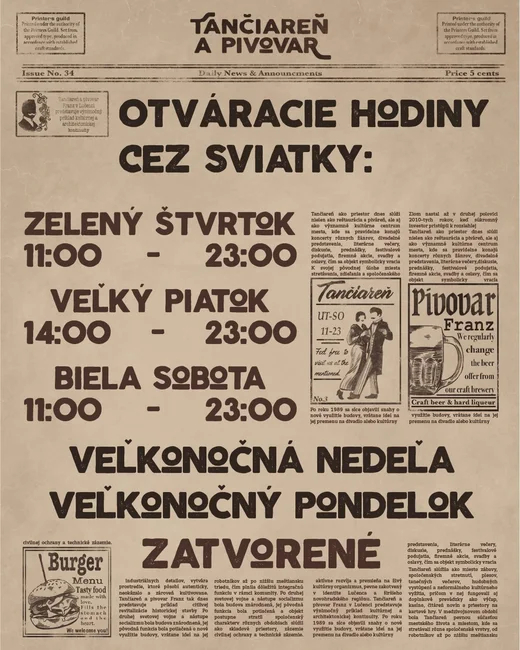 Otváracie hodiny cez sviatky, príspevok v štýle novín, grafika pre FRANZ