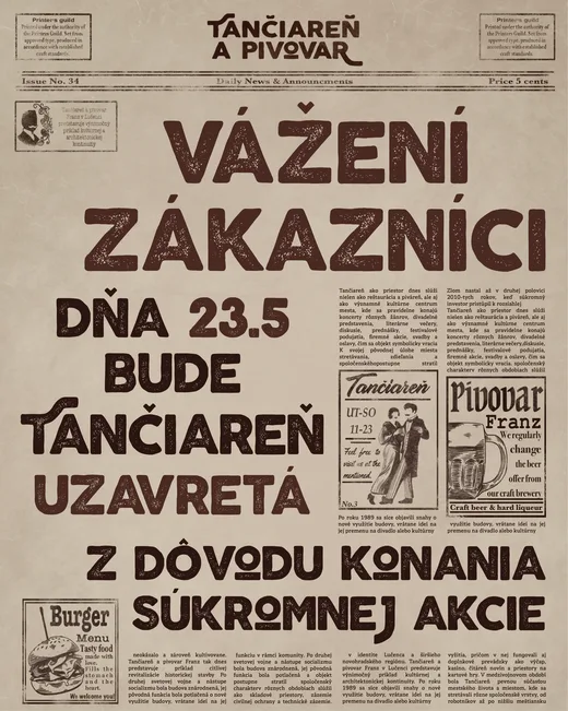 Oznam pre zákazníkov, príspevok v štýle novín, grafika pre FRANZ