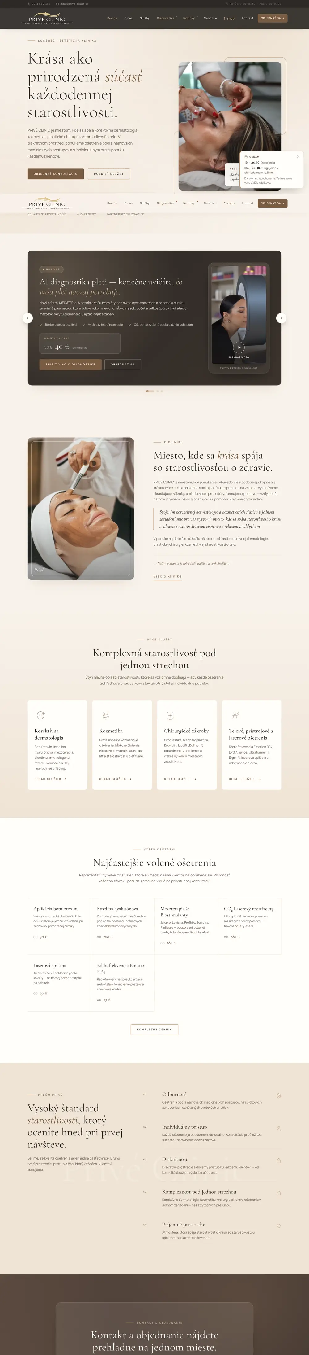 Privé Clinic, celá stránka webu